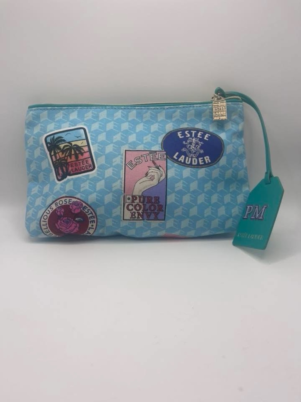Estee Lauder Light Blue Patchwork Badge Cosmetic Pouch